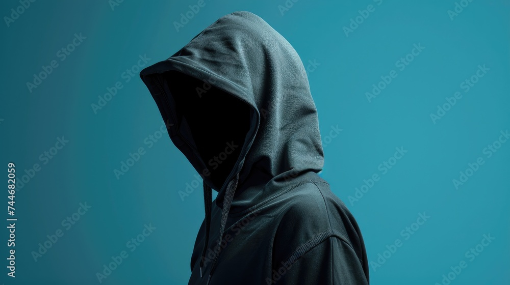 Poster abstract image of unrecognizable hacker cyber criminal in hood with dark space and matrix face on bl