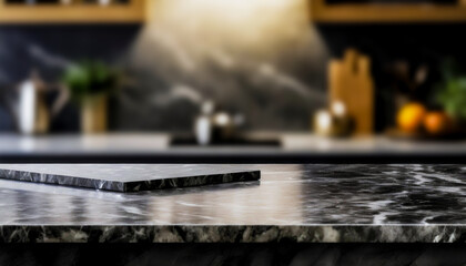 Kitchen room interior with hazy bokeh, featuring an empty black marble table top or kitchen island