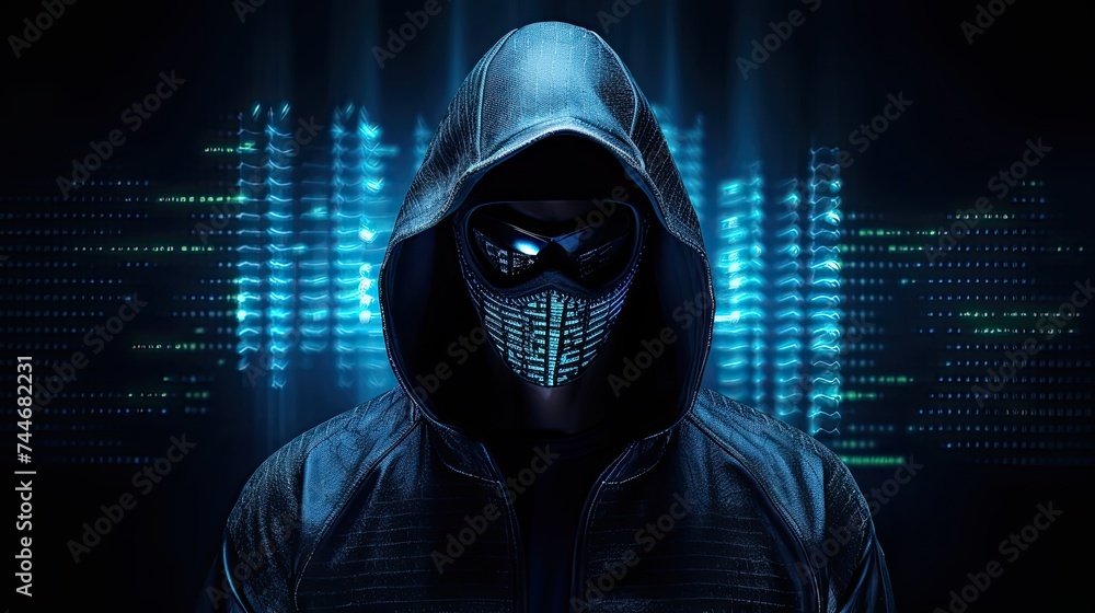 Poster abstract image of unrecognizable hacker cyber criminal in hood with dark space and matrix face on bl
