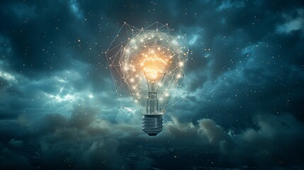 Ideas Illuminated: Glowing Lightbulb with Network Connections Above the Clouds – Inspiration Ignited