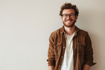 Fototapeta premium Smiling Young Man in Casual Brown Jacket Over White Shirt, with Glasses, Against a Clean Background