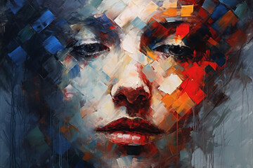 Captivating abstract portrait painting featuring an enigmatic face