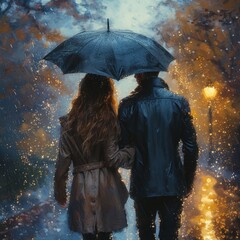 A beautiful couple carrying an umbrella when the rainy season arrives is seen from behind at night on an urban day. concept for affection, couples day, mutual love, harmony etc. Generative Ai