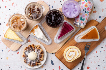 cafe, drink, cake, sweet potato, purple, americano, ice, latte, cherry cock, chocolate, cookie, cheese, milk, crepe, New York, Earl Grey, blueberry, roll cake,