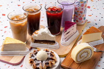 cafe, drink, cake, sweet potato, purple, americano, ice, latte, cherry cock, chocolate, cookie, cheese, milk, crepe, New York, Earl Grey, blueberry, roll cake,