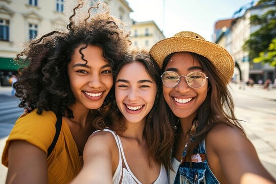 Multiracial three young women taking selfie portrait on city street. Happy female friends having fun together hanging outside. Lifestyle concept with beautiful girls enjoying summer, Generative AI