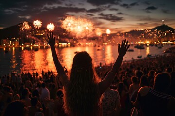Crowd of people celebrating New Year eve in Rio de Janeiro, Brasil. Generative AI