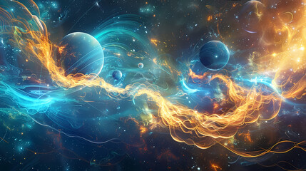Cosmic Dance of Energy and Planets in Space - obrazy, fototapety, plakaty