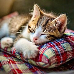 Kleine  grau-weiße Katze schläft auf einem kariertem Polster, Nahaufnahme.