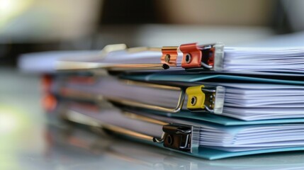 Stack of paper files on table in office