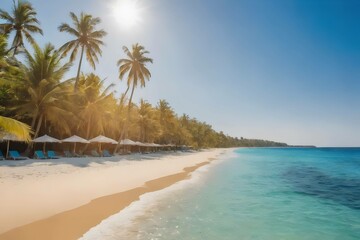 Tranquil tropical beach with crystal clear water, white sand, and palm trees swaying under a sunny...