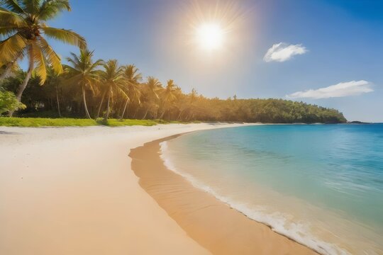 Tranquil tropical beach with crystal clear water, white sand, and palm trees swaying under a sunny blue sky. Generative ai