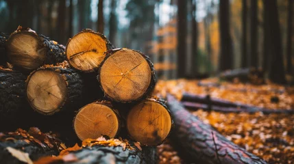 Zelfklevend Fotobehang Pile of sawn tree trunks in forest. Nature background © Jioo7