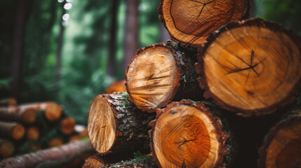Pile of sawn tree trunks in forest. Nature background - obrazy, fototapety, plakaty