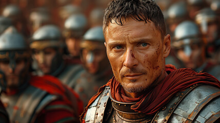Fototapeta na wymiar 16:9 General at the front of a line of Roman warriors.