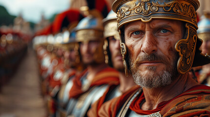 16:9 General at the front of a line of Roman warriors.