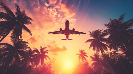 Silhouette of airplane flying over palm trees on sunset sky background