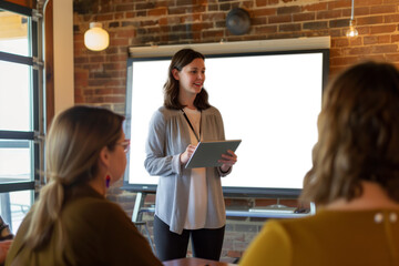 A confident female professional stands presenting to colleagues in a well-lit modern office space in front of empty white board.   Png background White Board. 