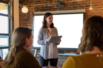 A confident female professional stands presenting to colleagues in a well-lit modern office space in front of empty white board.   Png background White Board. 