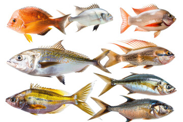 Collection of tropical ocean bright fish isolated on background, marine life with colorful fishes, aquarium underwater world concept.