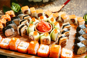 Assorted Sushi Platter on Wooden Board