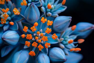 Close-up of a small blue and orange flower - obrazy, fototapety, plakaty