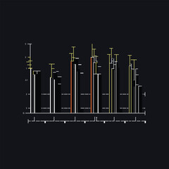 Linear graph charts. Business graphic charts line diagrams and business infographics. Financial assets analyzing. Investment statistics colorful histograms on black Background