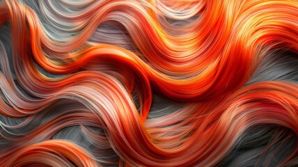 Red hair close-up as a background. Women's long orange hair. Beautifully styled wavy shiny curls. Hair coloring bright shades. - obrazy, fototapety, plakaty