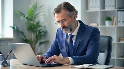 Serious and focused financier accountant on paper work inside office, mature man using calculator and laptop for calculating reports and summarizing accounts, businessman at work in suit.