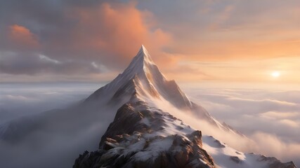snowy mountain peak, looking out over the foggy landscape. The sky above him is orange and filled...