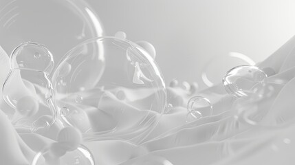 Close-up of white transparent drops liquid bubbles molecules. white texture background. 