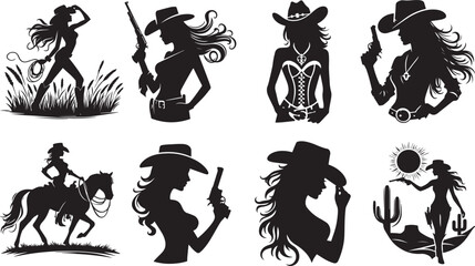 Fototapeta na wymiar Beautiful Cowgirl Silhouette On White Background, Beautiful Slender Women In Cowboy Hat