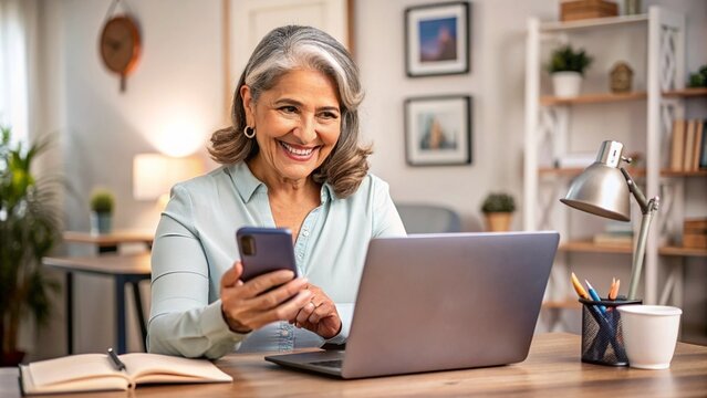 Smiling mature Hispanic woman engaged in a video call on her smartphone while working with a laptop in a bright home office.