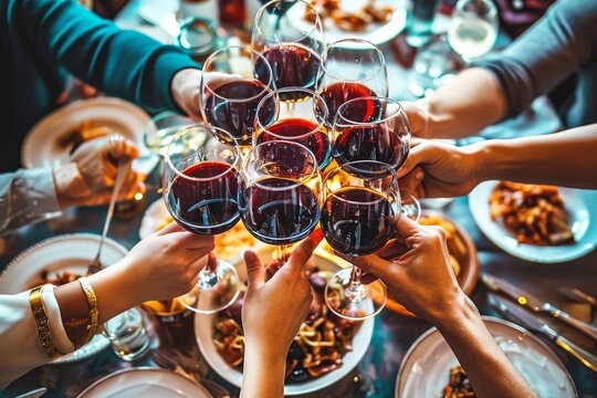 Happy Friends Toasting Red Wine Glasses At Dinner Party. Group Of People Having Lunch Break At Bar Restaurant. Life Style Concept With Guys And Girls Hanging Out Together. Generative AI