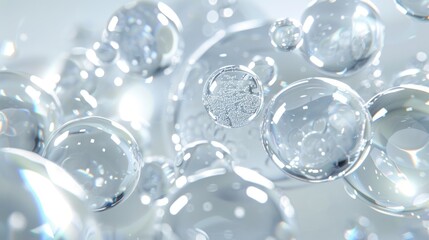 Close-up of white transparent drops liquid bubbles molecules. white texture background. 