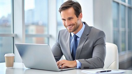 Successful satisfied businessman at workplace, boss in business suit typing on laptop keyboard, financier smiling, preparing sales report, experienced mature investor inside office at workplace. - obrazy, fototapety, plakaty