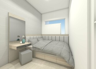 Minimalist Bedroom Design with Cushion Headboard and Dressing Table