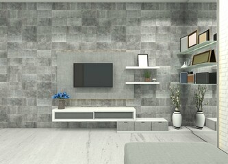 Minimalist TV Cabinet with Rock Wall Background and Rack Display