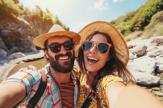 Couple travel and take a selfie on vacation, Generative AI