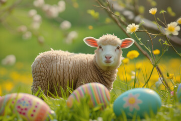 Sheep and Easter eggs on the meadow with blooming flowers