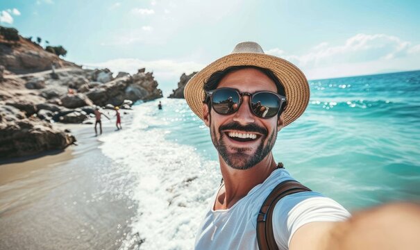 Happy man with hat and sunglasses taking selfie picture with smartphone at the beach, Generative AI