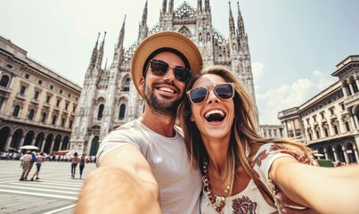 Happy couple taking selfie in front of Duomo cathedral in Milan, Lombardia. Two tourists having fun on romantic summer vacation in Italy. Holidays and traveling lifestyle, Generative AI - obrazy, fototapety, plakaty