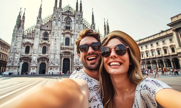 Happy couple taking selfie in front of Duomo cathedral in Milan, Lombardia. Two tourists having fun on romantic summer vacation in Italy. Holidays and traveling lifestyle, Generative AI
