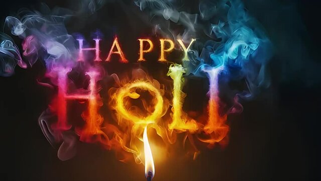 Happy Holi video footage, the fire burns the happy holi text and produces a colorful smoke effect on a dark and mysterious background