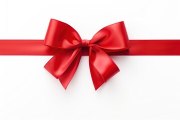A beautifully tied red satin ribbon bow centered on a clean white background, symbolizing gift-giving and celebration.