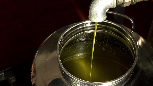 olive oil production: extra virgin oil falling into a steel tank after squeezing
