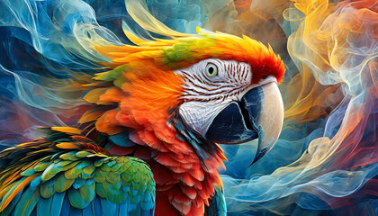 Visage d'un ara avec des éclaboussures de peinture colorée, perroquet