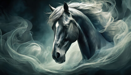 Etalon noir en mouvement sous une ondulation de fumées blaches et grises, cheval