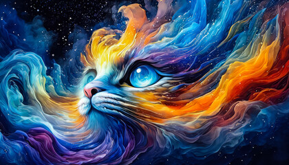 Visage d'un chat avec des éclaboussures de peinture colorée