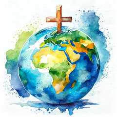Aquarelle de la planéte Terre avec la croix de Jesus, christainisme